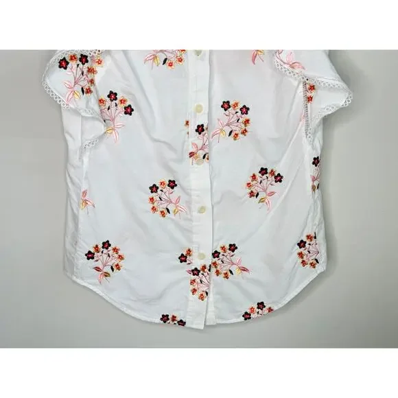 Pearl by Lela Rose Embroidered Floral Ruffle Trim Button-Up Shirt White Small - Picture 5 of 11